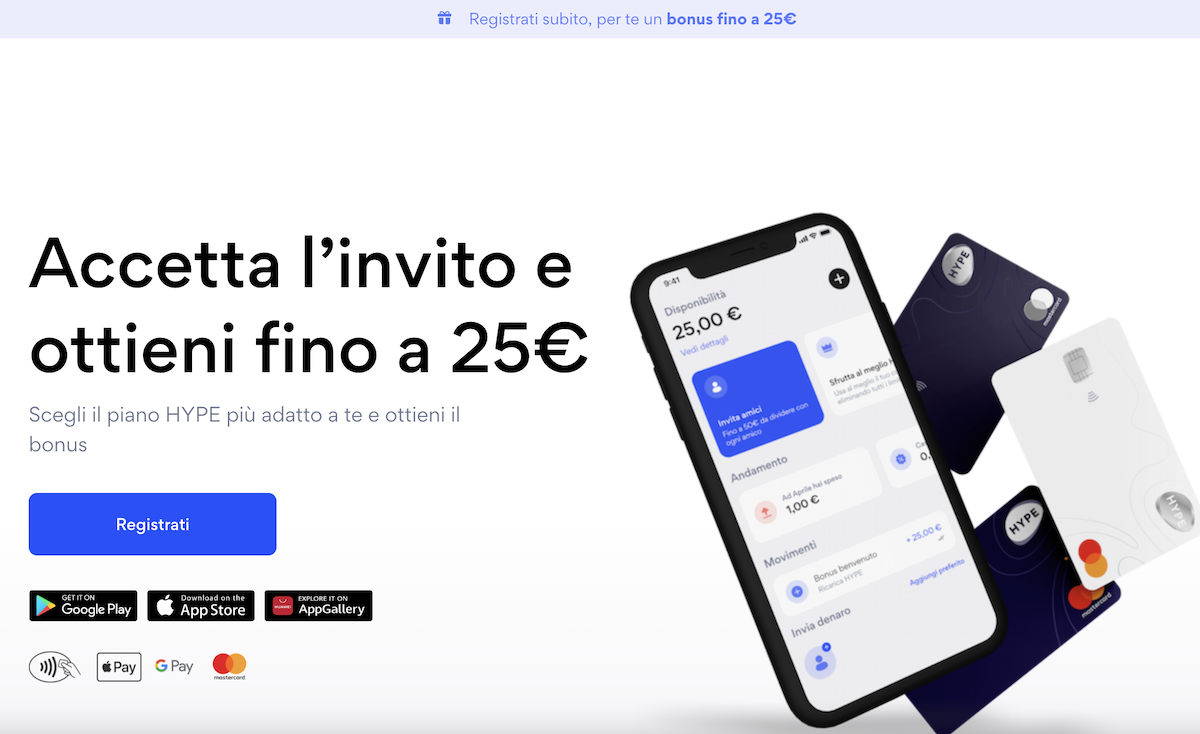 Hype, 5 Euro di bonus e Mastercard e IBAN gratis