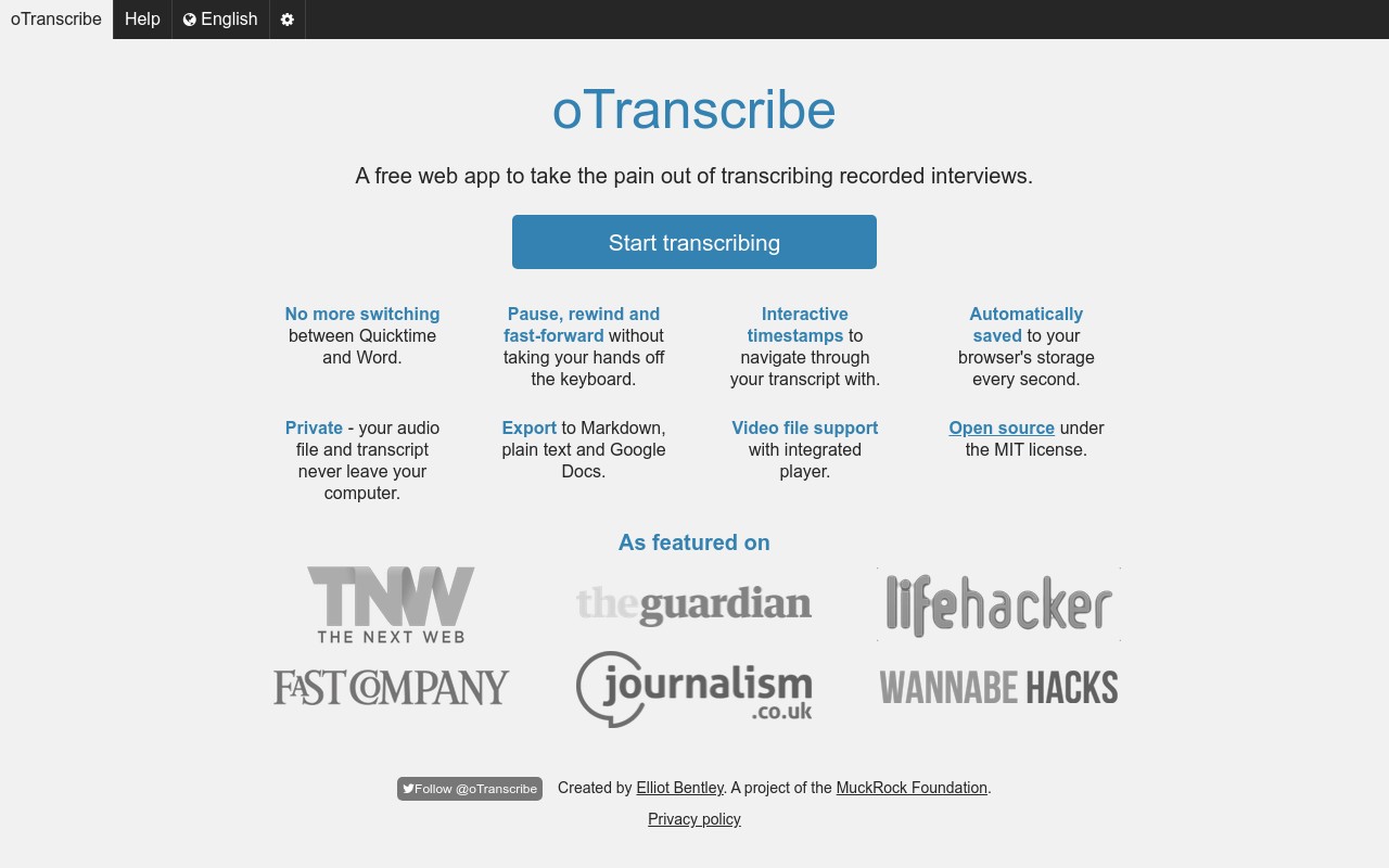 oTranscribe application pour faciliter la transcription screenshot