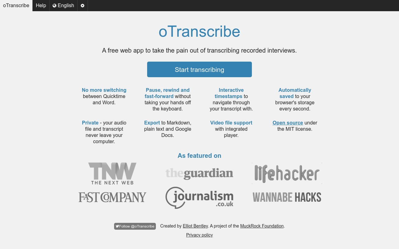 oTranscribe Aplicación gratuita que facilita transcribir screenshot